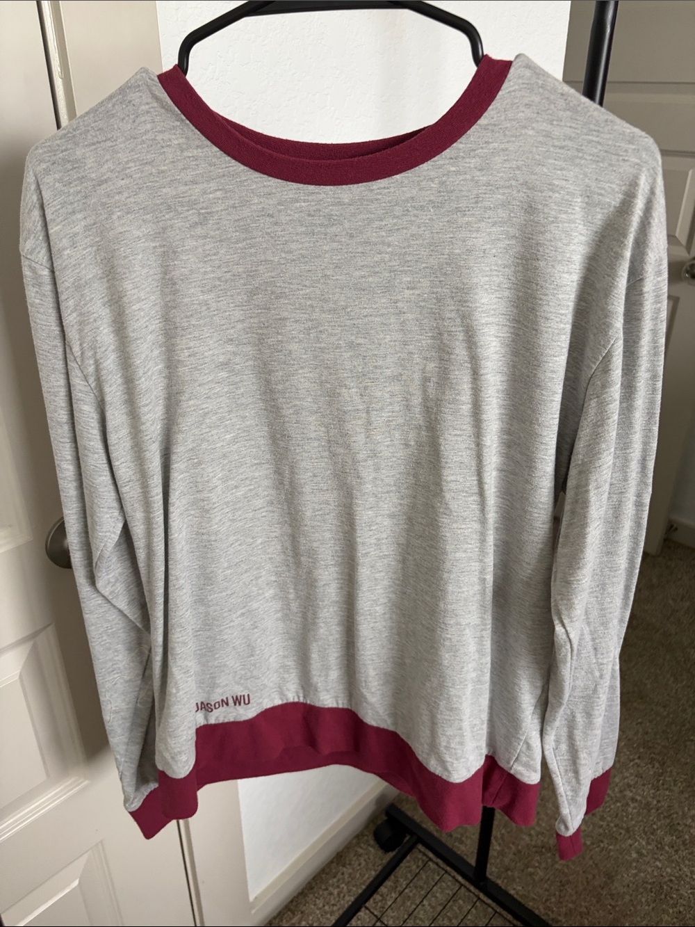 Jason Wu Gray Long Sleeve Tee with Burgundy Trim